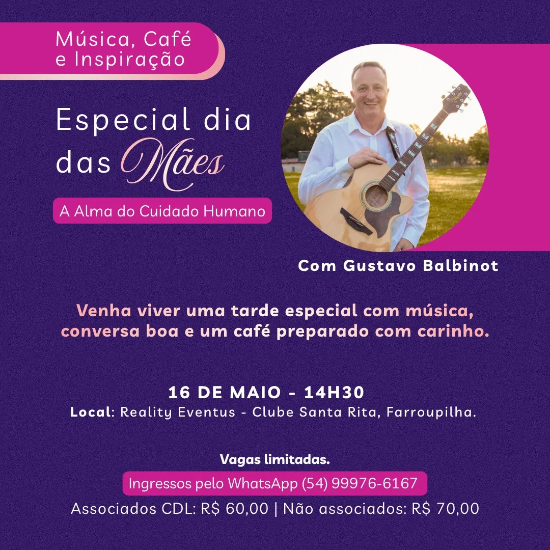 Café especial Dia das Mães ao som de música ao vivo com Gustavo Balbinot